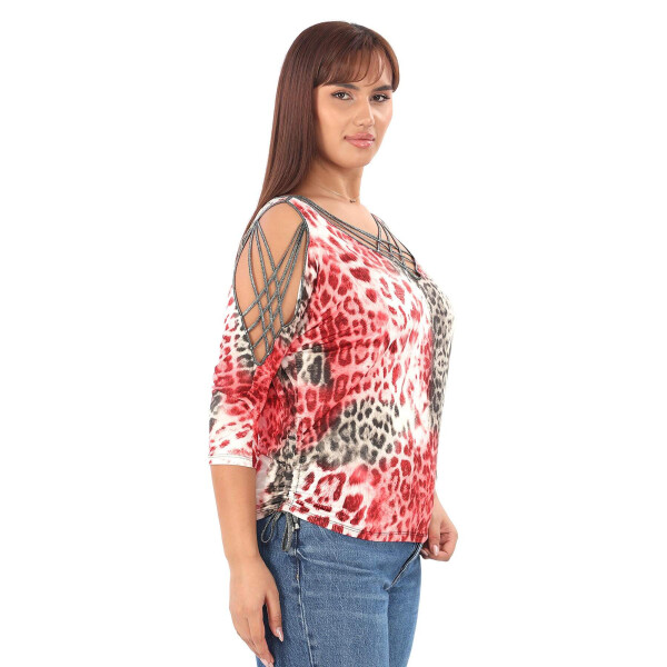 Plus size blouse with leopard print, stone details and cross-over bib. - 2