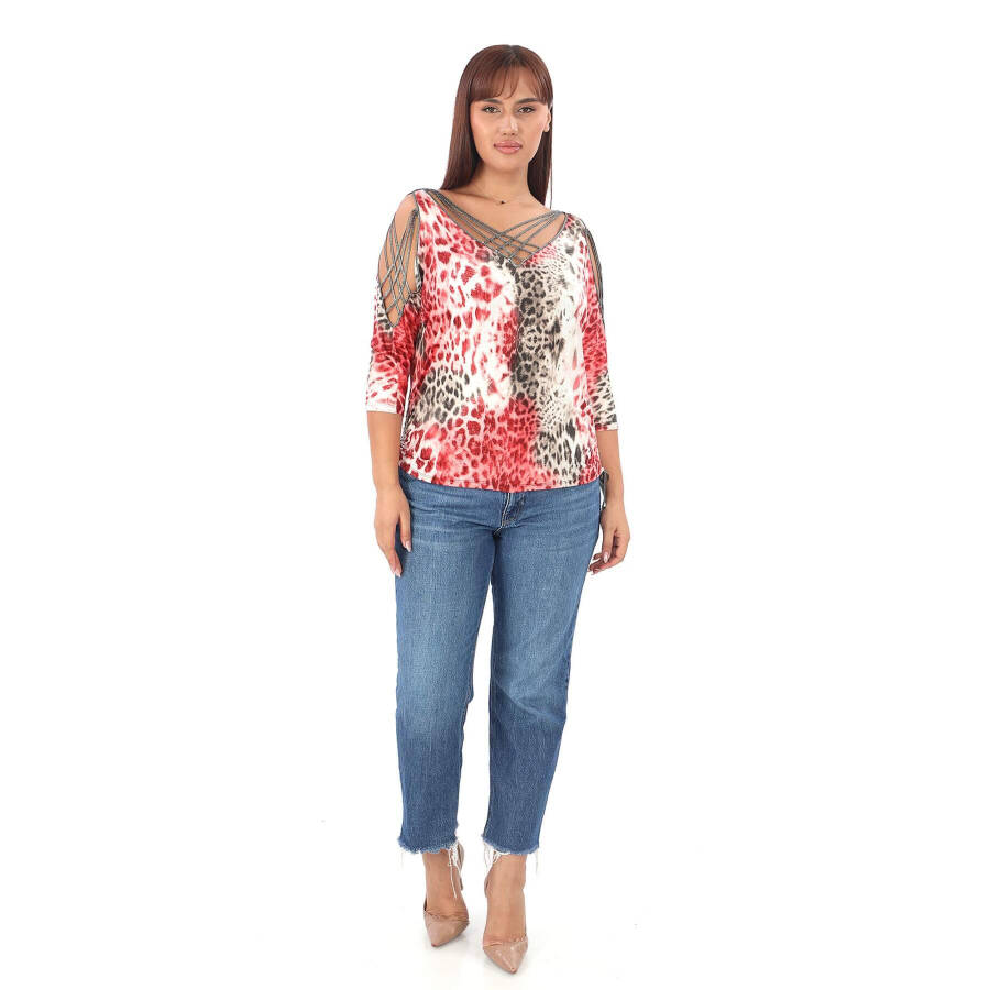 Plus size blouse with leopard print, stone details and cross-over bib. - 3