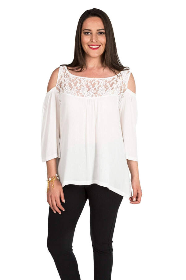 Plus Size Blouse with Shoulder Detail and Lace in Ecru - 1