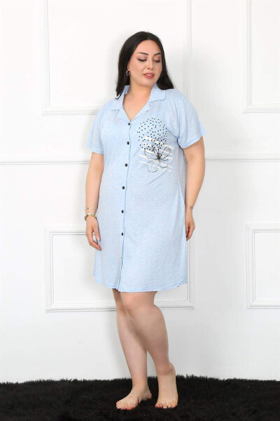 Plus Size Cotton Buttoned Blue Tunic Nightgown 1025 - 1