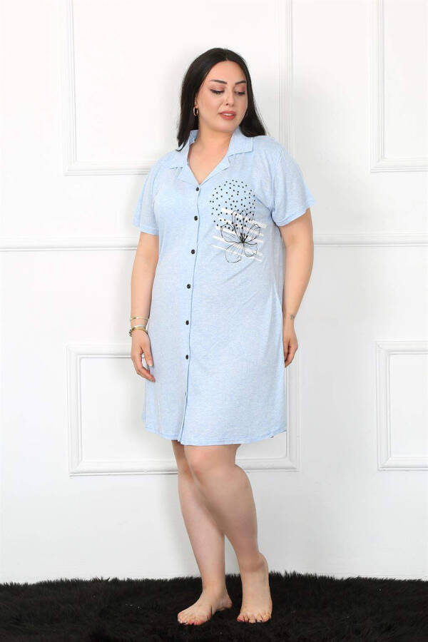 Plus Size Cotton Buttoned Blue Tunic Nightgown 1025 - 1