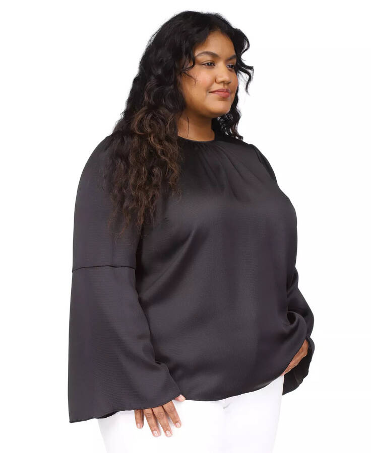 Plus Size Hammered-Satin Bell-Sleeve Top Black - 1