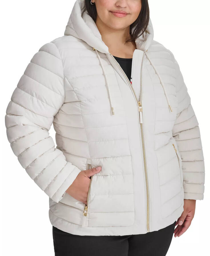 Plus Size Hooded Packable Puffer Coat, designed for Modazone White Sand. - 1