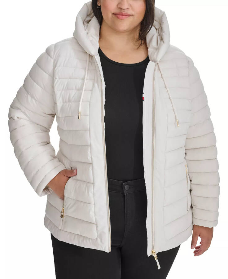 Plus Size Hooded Packable Puffer Coat, designed for Modazone White Sand. - 5