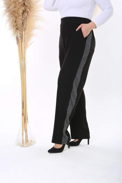 Plus Size Knit Pants with Silver Stripe, Elastic Waistband, Pockets, Black TKA - 2