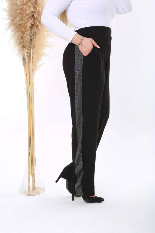 Plus Size Knit Pants with Silver Stripe, Elastic Waistband, Pockets, Black TKA - 3