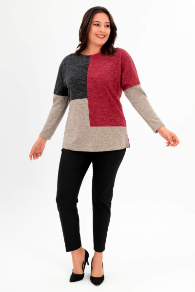 Plus size, low armhole, asymmetric cut, burgundy knitted blouse. - 1