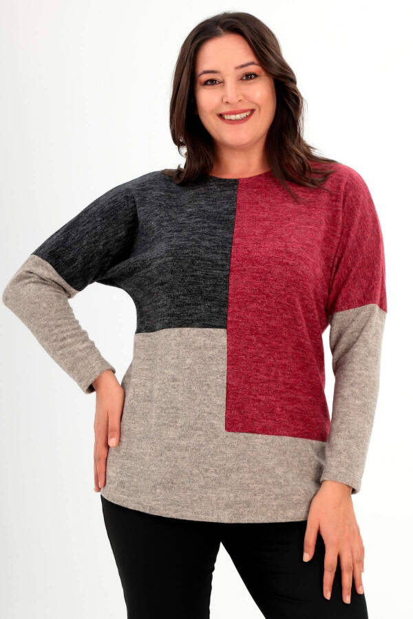 Plus size, low armhole, asymmetric cut, burgundy knitted blouse. - 2