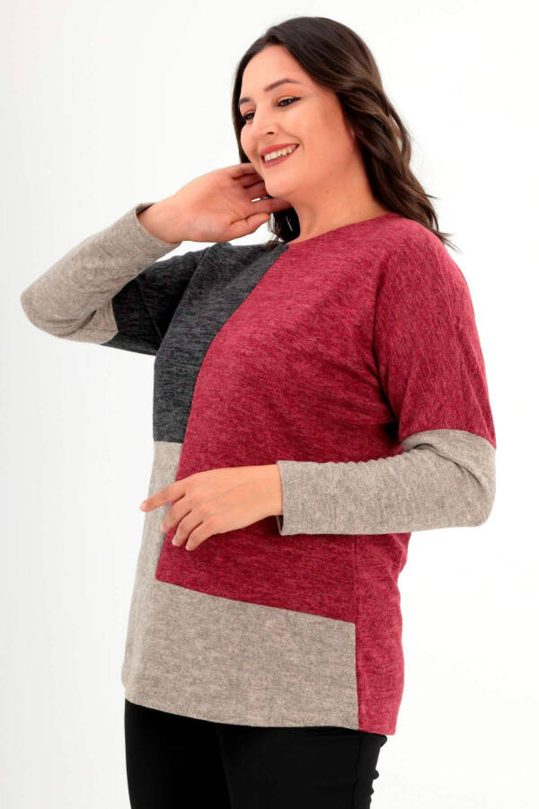 Plus size, low armhole, asymmetric cut, burgundy knitted blouse. - 3