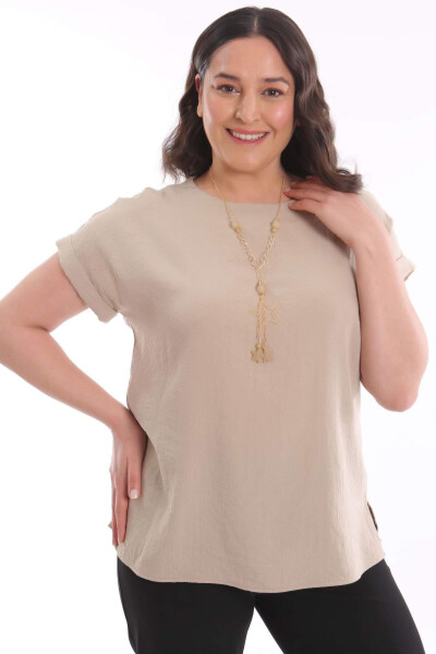 Plus Size Low Sleeve Basic Beige Blouse - 4