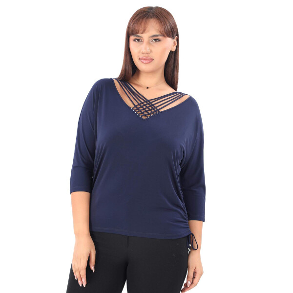 Plus size, navy blue, cross-stitch detailed, stone embellished blouse. - 1