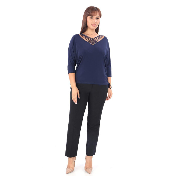 Plus size, navy blue, cross-stitch detailed, stone embellished blouse. - 3