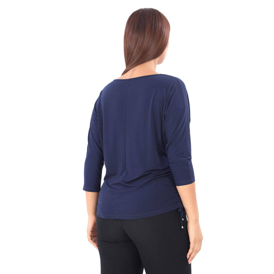 Plus size, navy blue, cross-stitch detailed, stone embellished blouse. - 4