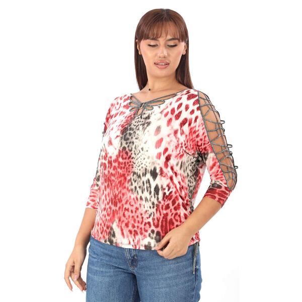 Plus size, pink leopard print, sleeveless blouse with detailed stones. - 2