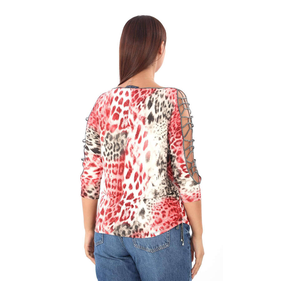 Plus size, pink leopard print, sleeveless blouse with detailed stones. - 4