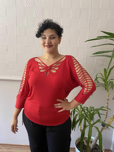 Plus Size Red Blouse with Cross-Over Sleeves and Stones - 2