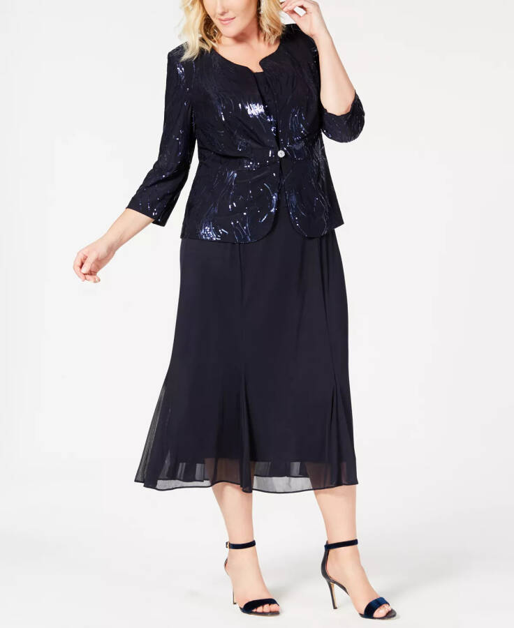 Plus Size Sequined Chiffon Dress and Jacket Navy - 1