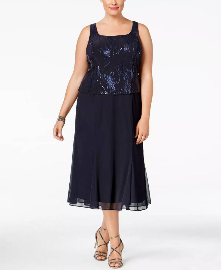 Plus Size Sequined Chiffon Dress and Jacket Navy - 4