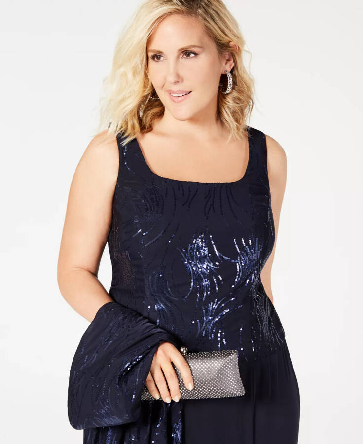 Plus Size Sequined Chiffon Dress and Jacket Navy - 6