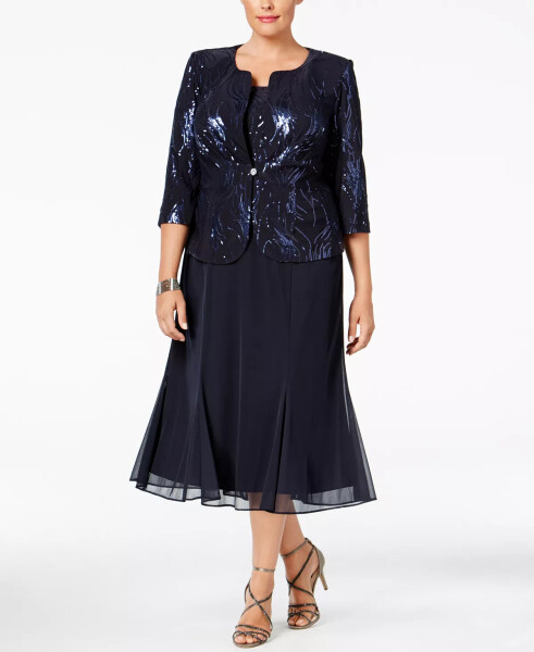 Plus Size Sequined Chiffon Dress and Jacket Navy - 7