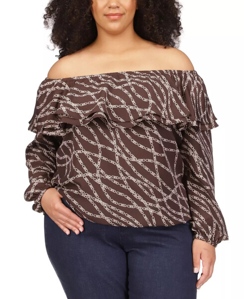 Plus Size Stadium Chain-Print Ruffle Top Chocolate - 4