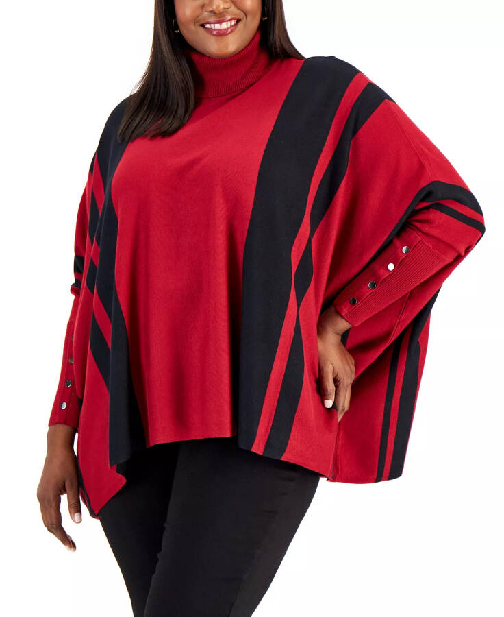 Plus Size Striped Poncho Sweater, Created for Macy's Red Burgundy - 1