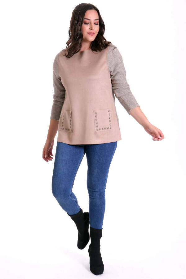 Plus size, suede detail beige blouse - 1