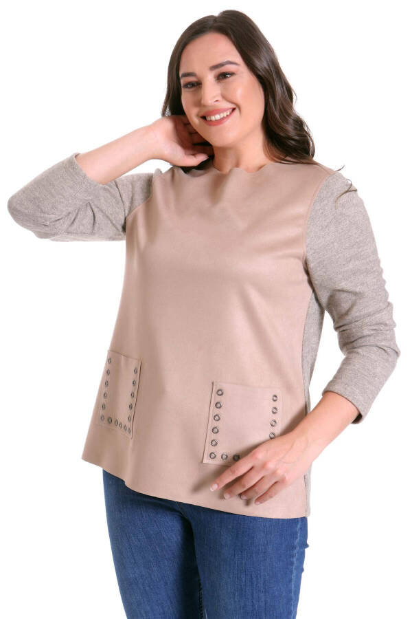 Plus size, suede detail beige blouse - 2