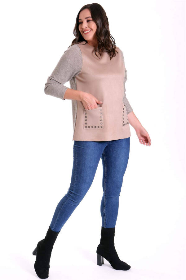 Plus size, suede detail beige blouse - 3