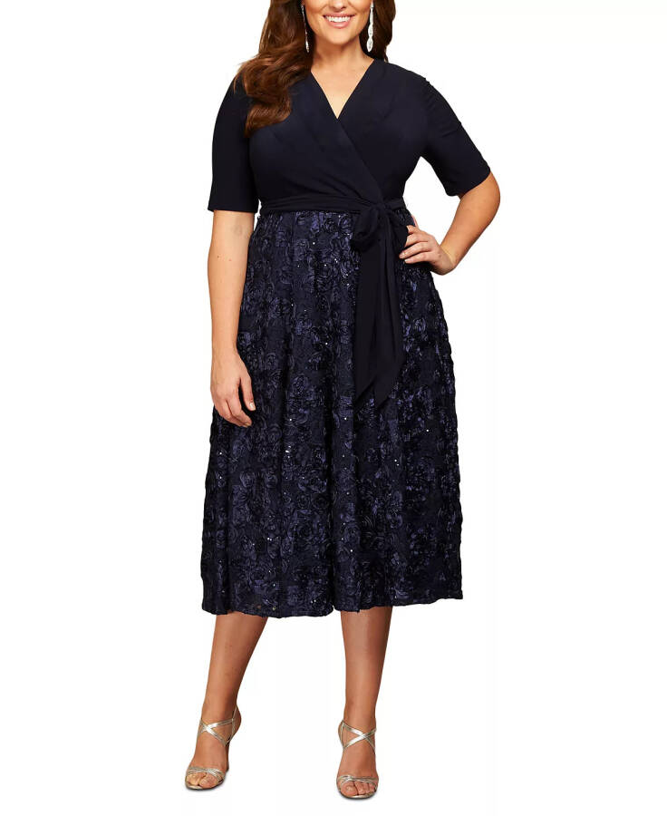 Plus Size Surplice Rosettes Dress - Navy - 5