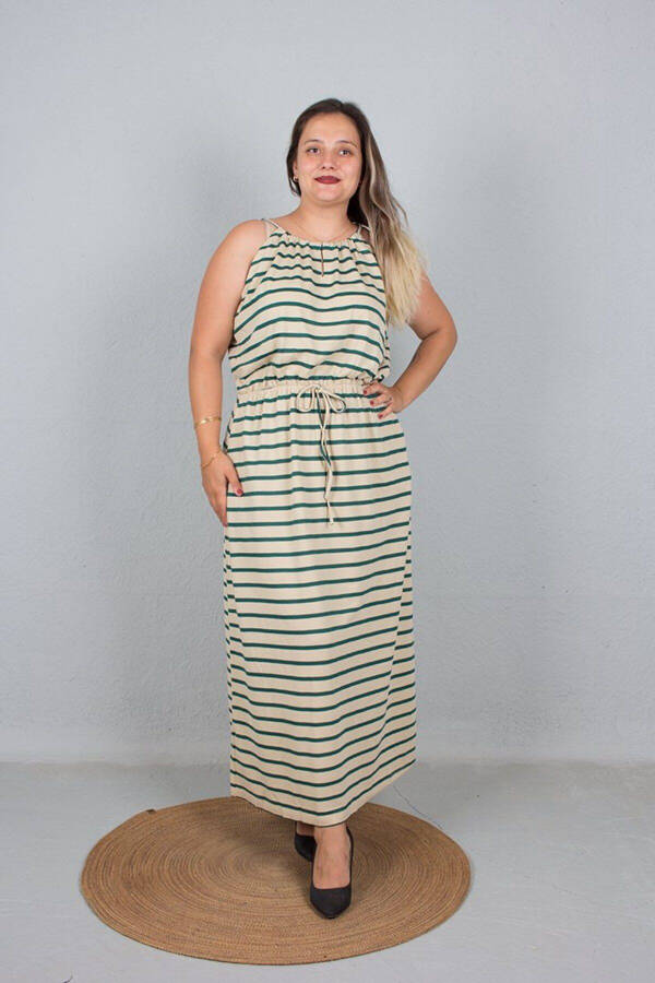 Plus Size Tie Detail Strappy Waist Elastic Green Striped Maxi Dress - 1