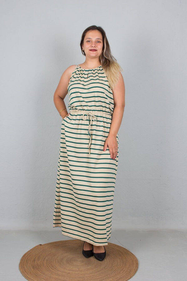 Plus Size Tie Detail Strappy Waist Elastic Green Striped Maxi Dress - 2