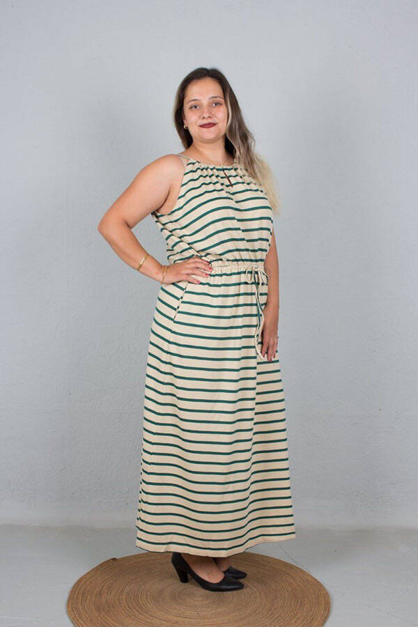 Plus Size Tie Detail Strappy Waist Elastic Green Striped Maxi Dress - 3