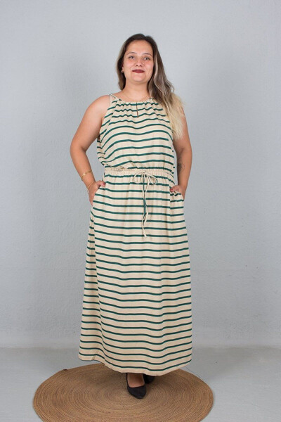 Plus Size Tie Detail Strappy Waist Elastic Green Striped Maxi Dress - 4