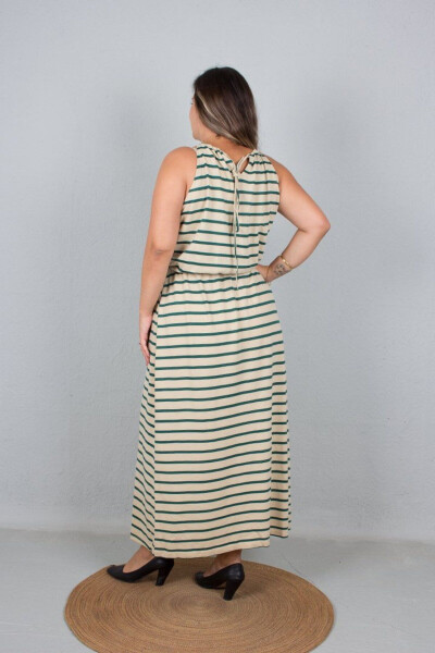 Plus Size Tie Detail Strappy Waist Elastic Green Striped Maxi Dress - 6