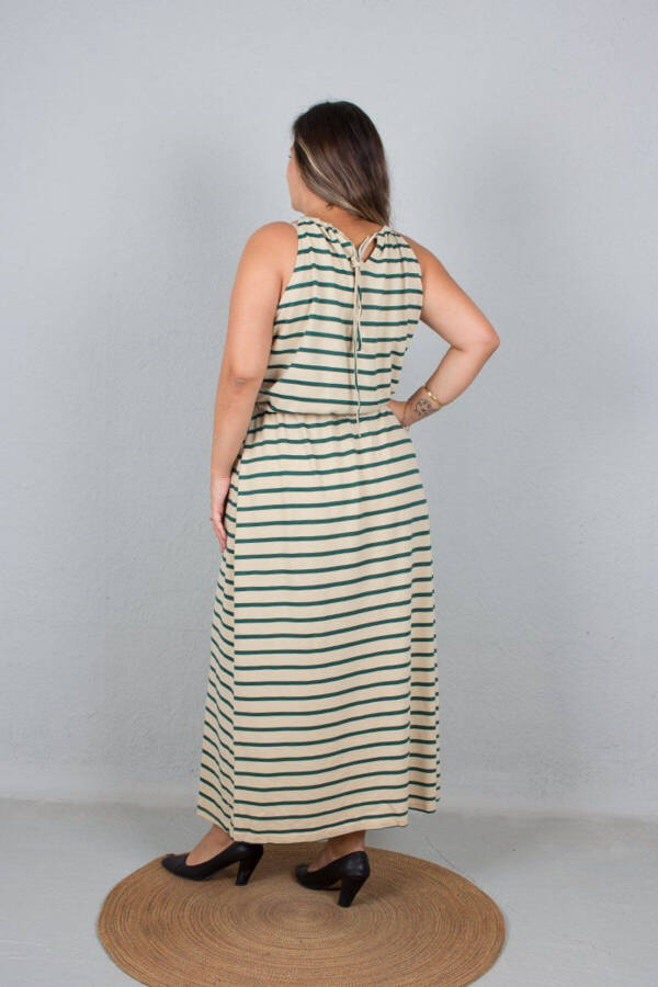 Plus Size Tie Detail Strappy Waist Elastic Green Striped Maxi Dress - 6