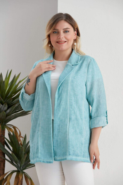 Plus Size V-Neck Batik Turquoise Jacket - 1