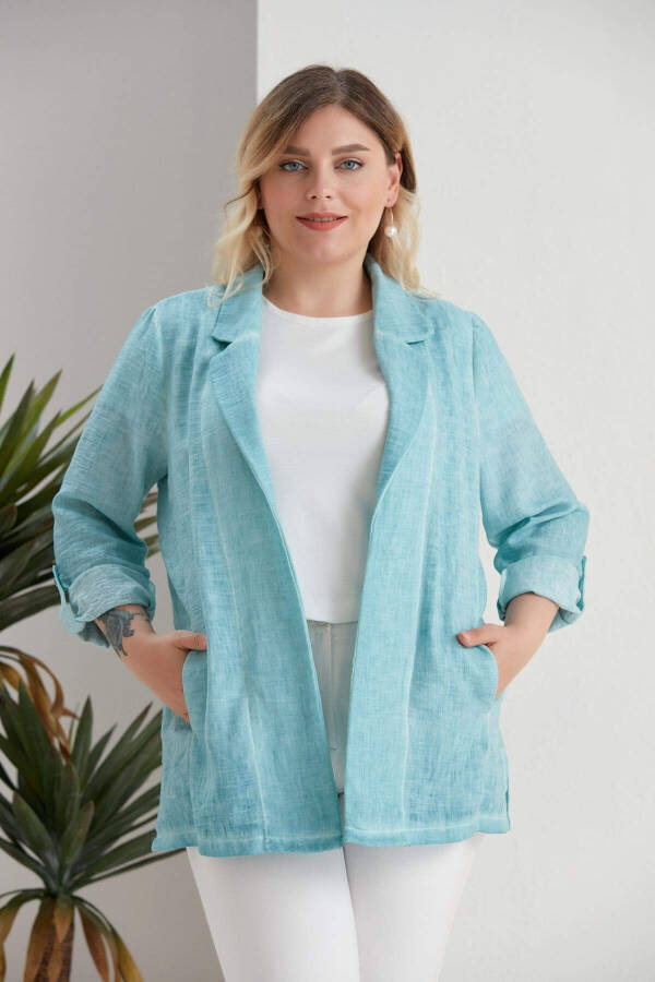 Plus Size V-Neck Batik Turquoise Jacket - 4