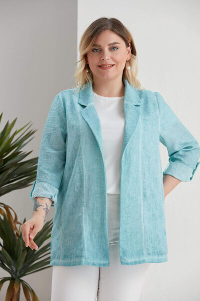 Plus Size V-Neck Batik Turquoise Jacket - 6