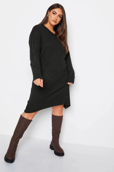 Plus Size V Neck Long Sleeve Knit Sweater Dress 302334 - 1