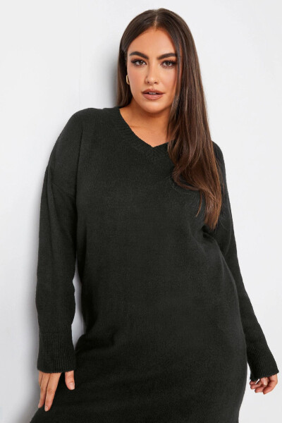 Plus Size V Neck Long Sleeve Knit Sweater Dress 302334 - 4