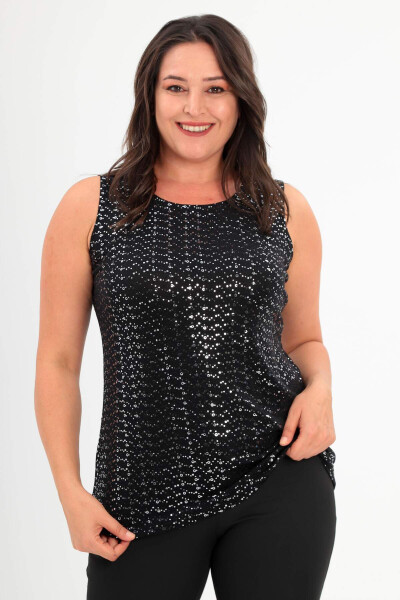 Plus size, wide-strap, sequined black dressy tank top. - 1