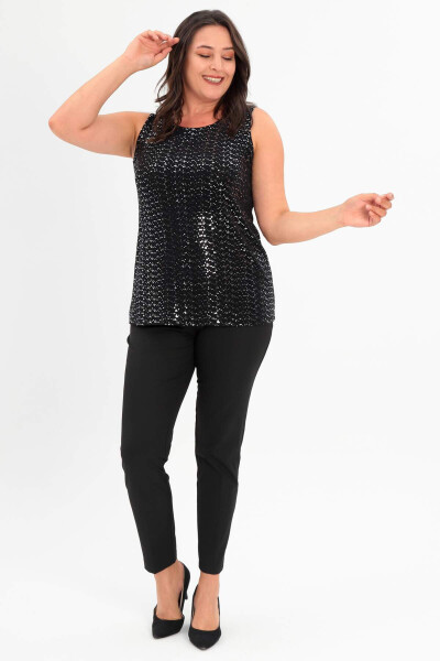 Plus size, wide-strap, sequined black dressy tank top. - 2