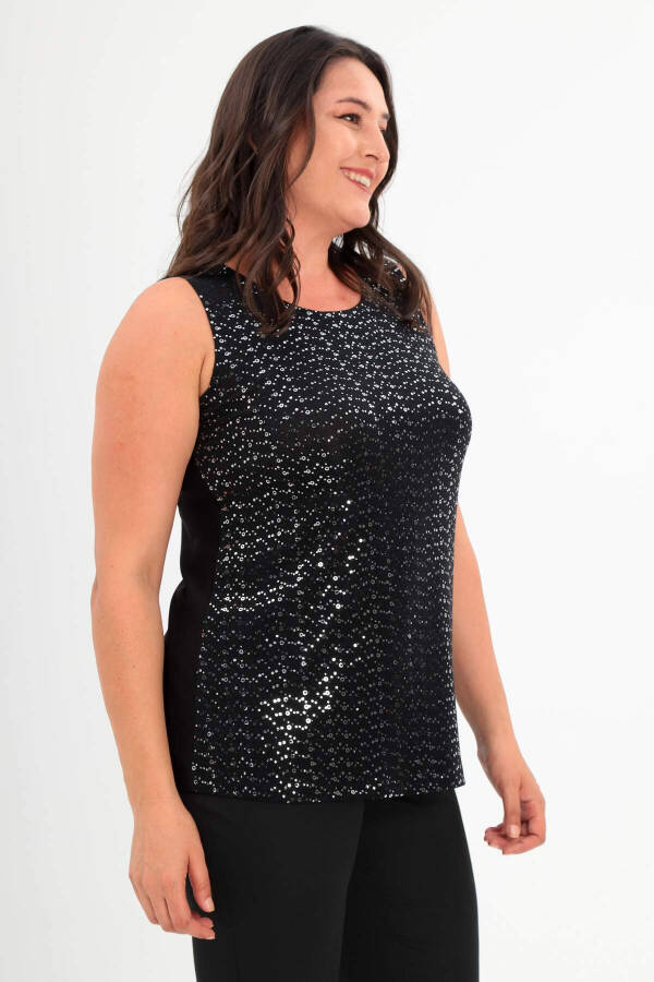 Plus size, wide-strap, sequined black dressy tank top. - 3