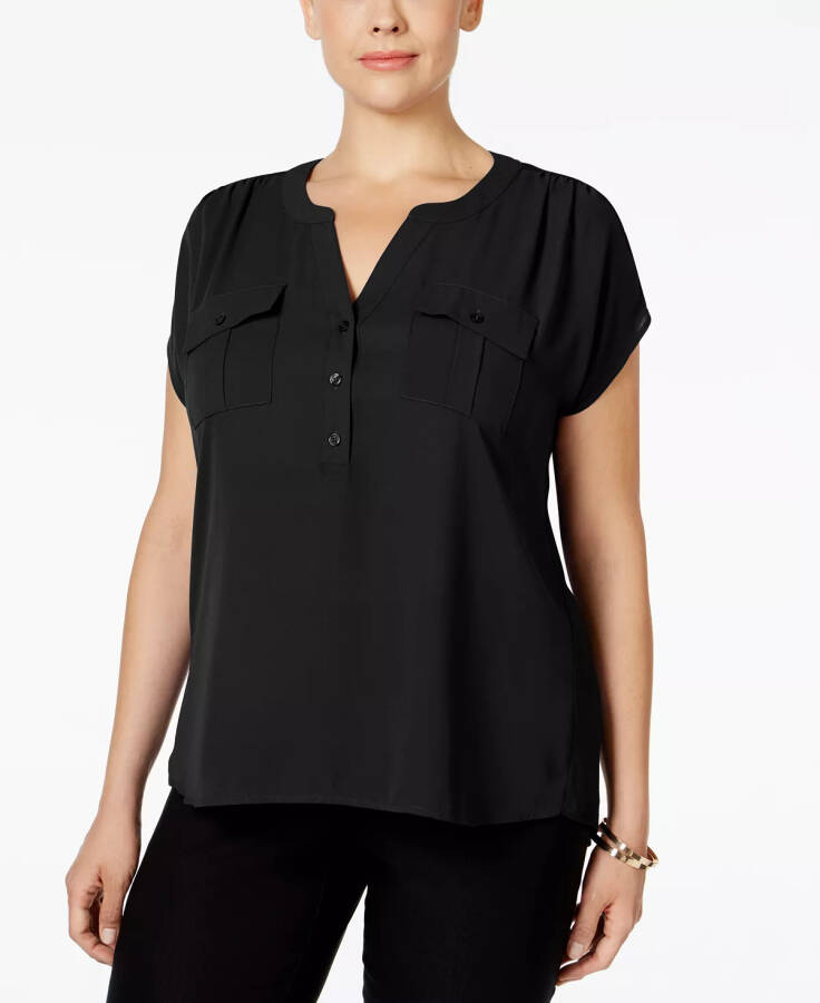 Plus Size Woven-Front V-Neck Top, Created for Modazone Deep Black - 1