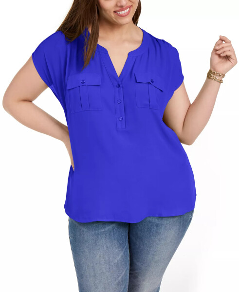 Plus Size Woven-Front V-Neck Top, Created for Modazone Goddess Blue - 1