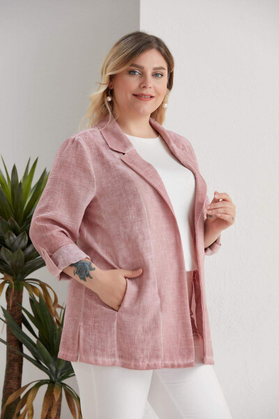 Plus Size Wrap Collar Batik Powder Jacket - 3