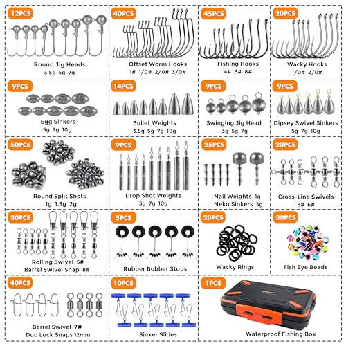 PLUSINNO 397 Parça Balıkçılık Aksesuar Seti, Balıkçılık Takımı Kutusu Takım Dahil, Kancalar, Ağırlıklar, Jig Başlıkları, Döndürücüler Tokalar 12 Alet İçin Birleştirildi, Levrek İçin Balıkçılık Ekipmanları - 5