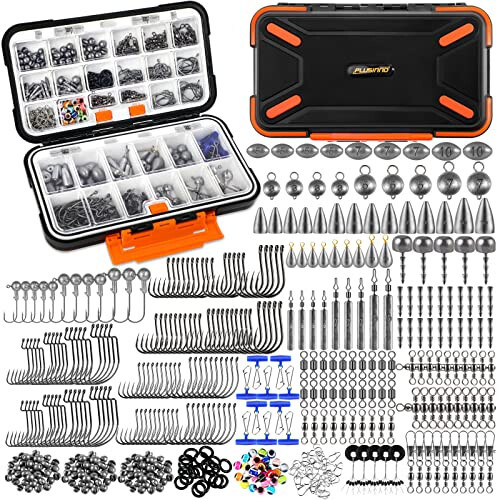 PLUSINNO 397pcs Fishing Accessories Kit, Fishing Tackle Box with Tackle Included, Hooks, Weights, Jig Heads, Swivels Snaps Combined into 12 Rigs, Fishing Gear Equipment for Bass - 1