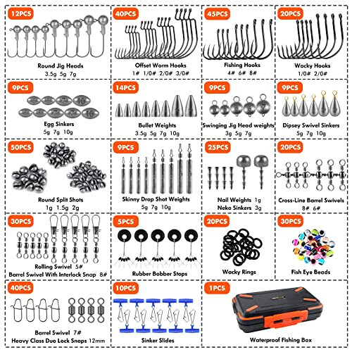 PLUSINNO 397pcs Fishing Accessories Kit, Fishing Tackle Box with Tackle Included, Hooks, Weights, Jig Heads, Swivels Snaps Combined into 12 Rigs, Fishing Gear Equipment for Bass - 11